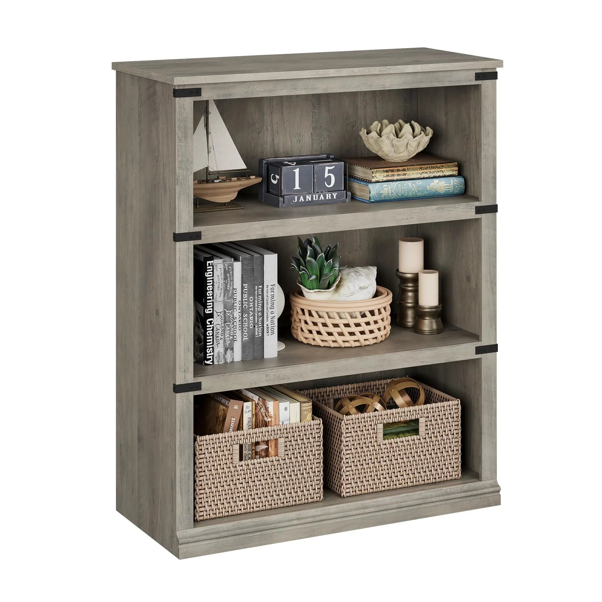 GARVEEWooden bookshelf, 3-tier bookshelf with storage space, freestanding, open bookshelf, tilt-resistant design, for home office, living room