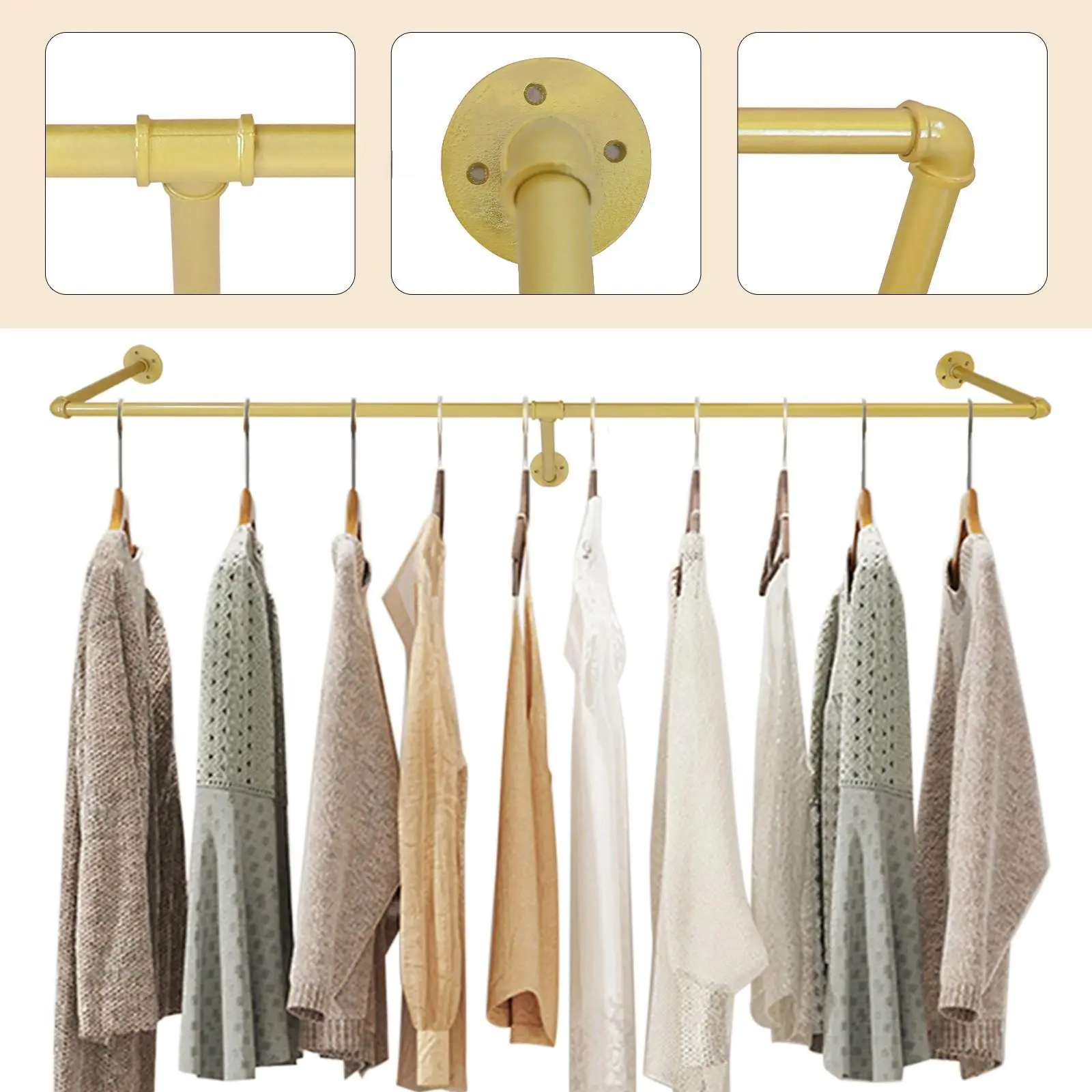 Gold Iron Frame Clothes Rack - 71" Long Wall-Mounted Rod Mount Solution with Rust-Resistant Coating, for Wedding Dresses, Bridal Garments, Closet Organization, Rod Mount Racks & Displays, Rust-Resistant Coating Racks & Displays