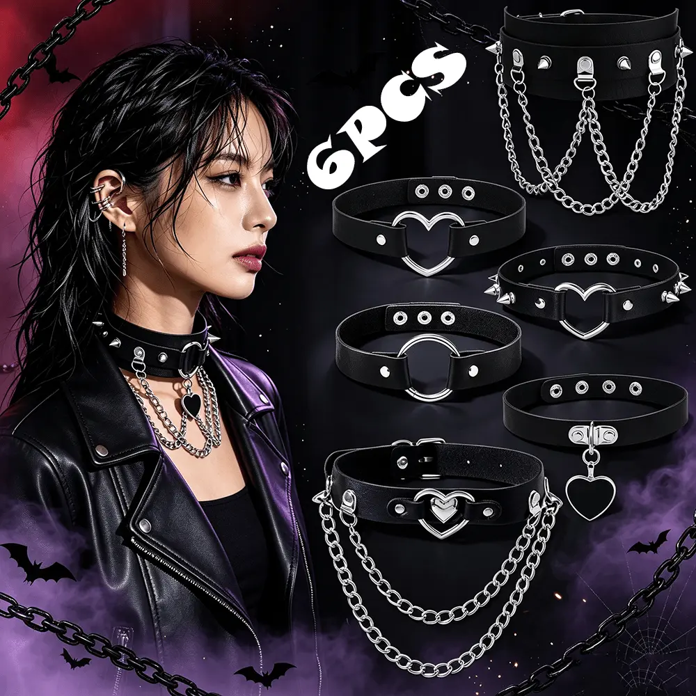 6Pcs Punk Gothic Choker Set for Women, Black Faux Leather Adjustable Spike Heart Chain Necklaces, Halloween Cosplay Party Rave Festival Jewelry Gift