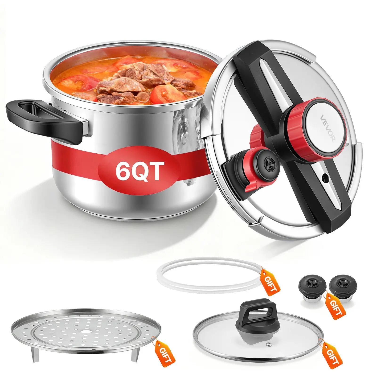 【DealsForYouDays】VEVOR Pressure Cooker, 6.3Qt Pressure Cooker Stainless Steel, Pressures Canner with Steaming Rack, Tempered Glass Lid, Three Pressures Settings for Meat, Beans, Rice, Soup, Sauces, Cook up to 100 kPa