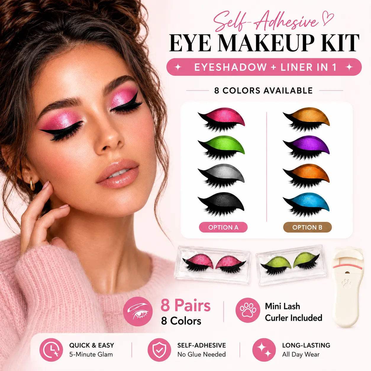 False Eyelashes Kit for Women, Multi-Pack Press-On Sets with Dramatic Lashes, Self-Adhesive Color Eyeliner & Reusable Eyebrow Templates, False Eyelashes & Adhesives, Reusable Templates