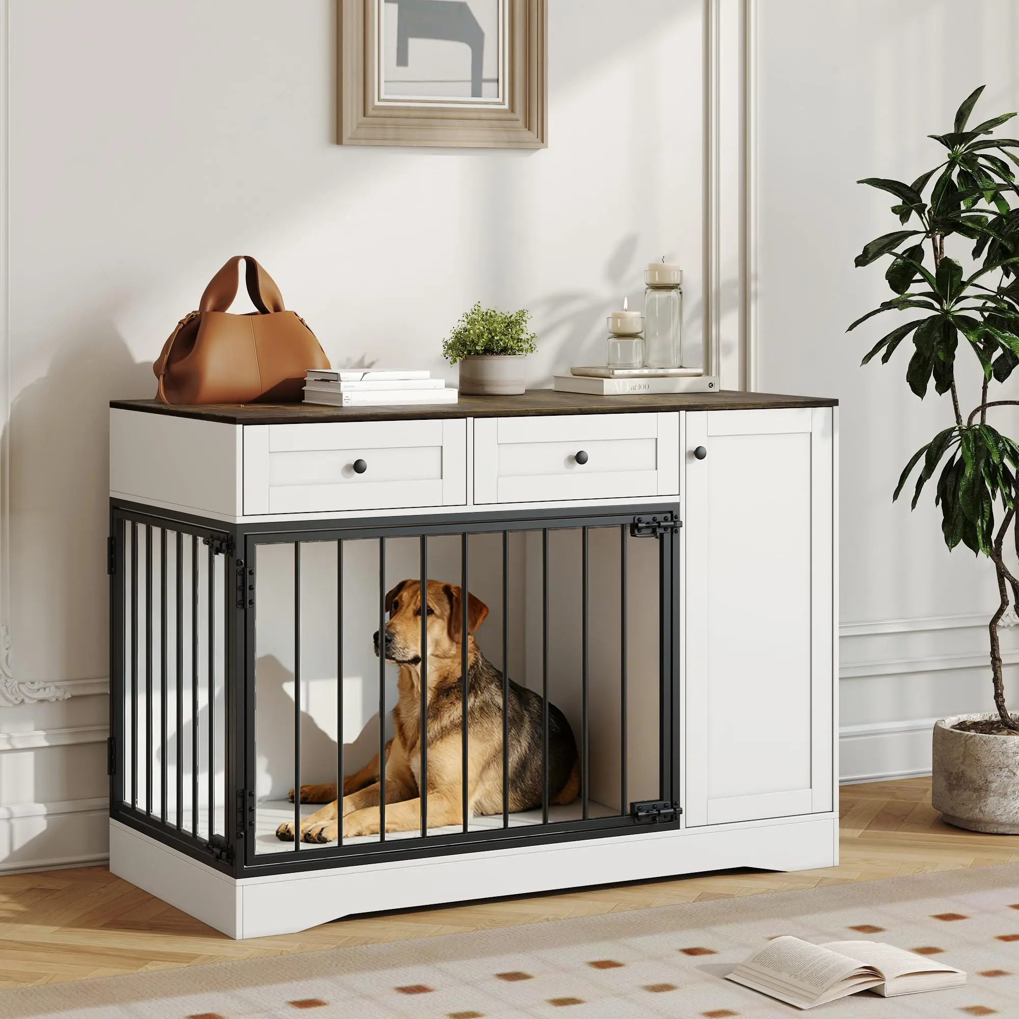 Large Wooden Metal Dog Crate Furniture Indoor Heavy Duty Kennel for Living Room Bedroom