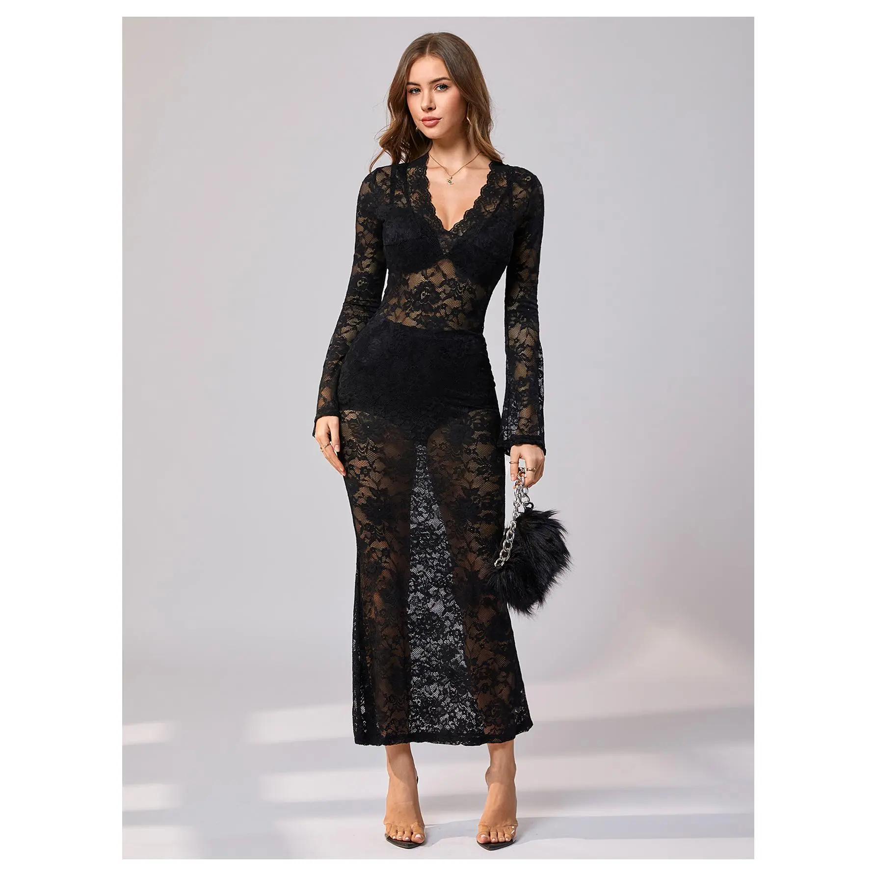 Lace Long Dress Elegant Sheer Floral Long Sleeve Bodycon Wedding Dresses