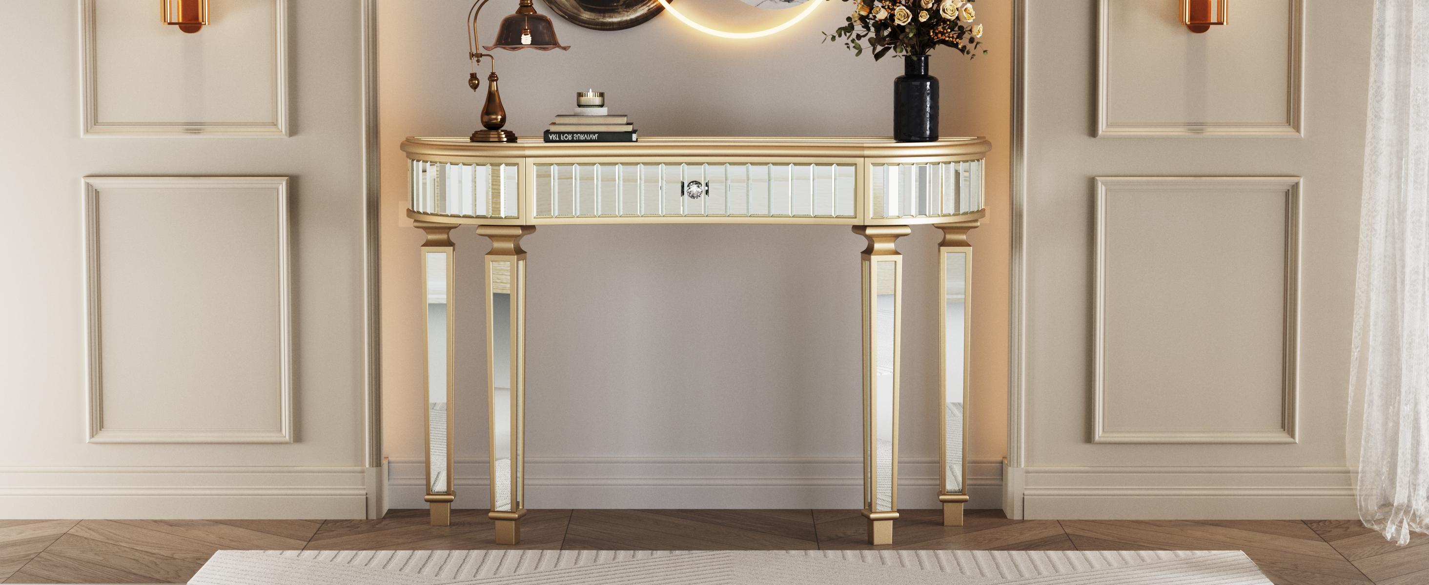 47" Half-Moon Mirrored Console Table with Fluted Glass & Crystal Knob Drawer - Silver Entryway Vanity Desk for Bedroom/Dressing Room(Gold+Sliver)