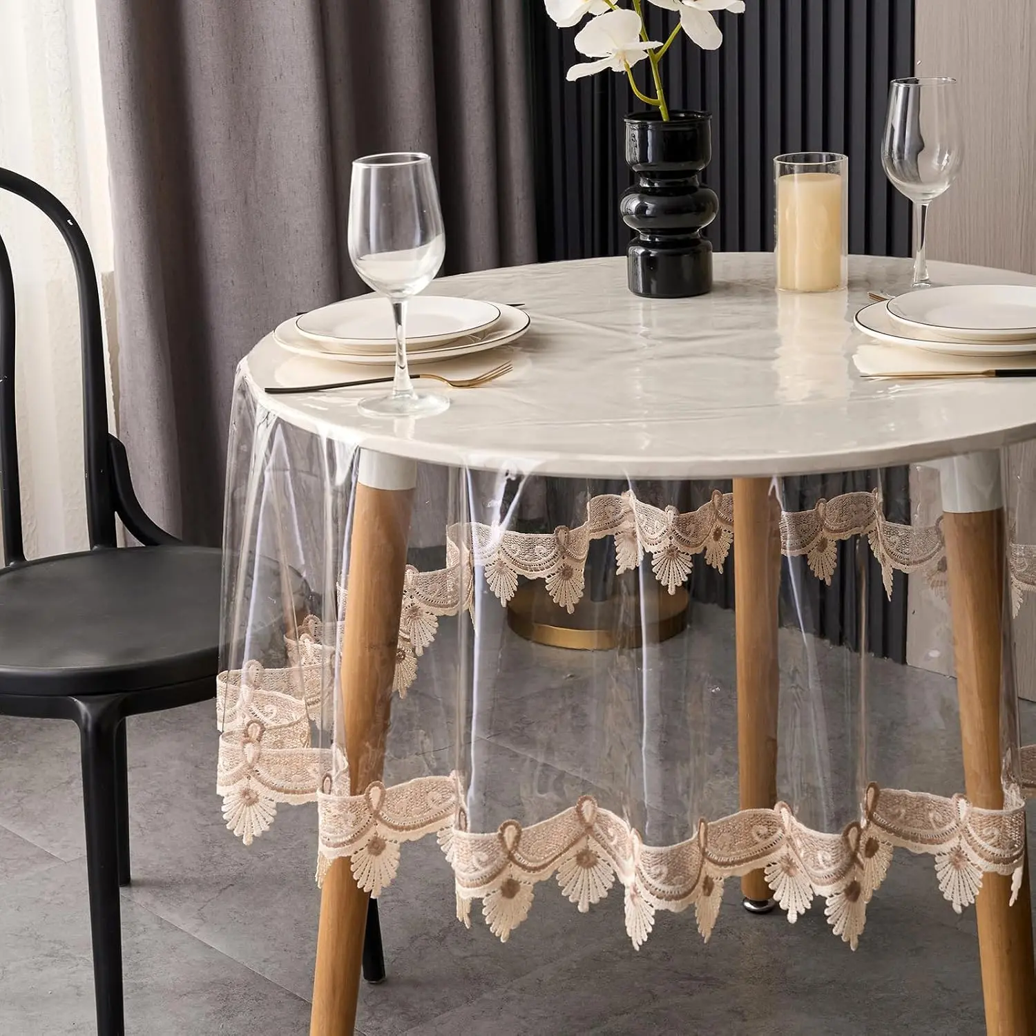 LIBERECOO Clear Tablecloth Protector, 0.15mm Heavy Duty Waterproof Vinyl Table Cover with Elegant Lace Trim, Crystal Clear Oilproof Wipeable Reusable 70 Inch Round Tablecloths for Dining Table