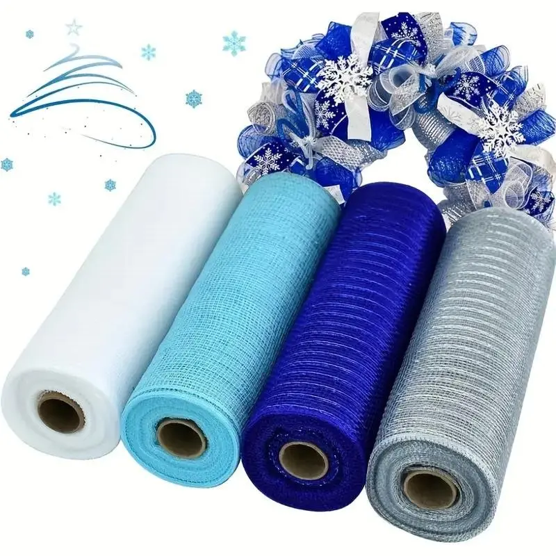 Christmas 4 Rolls of 10-Inch Silver Color Foil Decorative Mesh Ribbon, Wreath Supplies, Front Door Wreath, Tree Decoration, Christmas Decorations