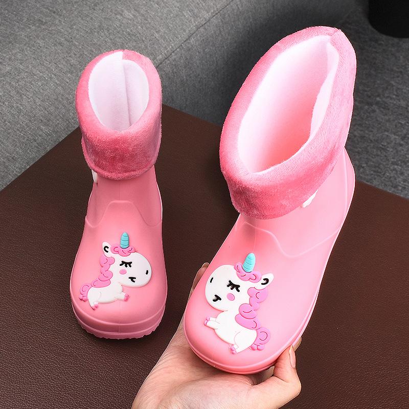 Children's Rain Boots Girls' Elastic Cuff Fleece-Lined Boys' Non-Slip Water Shoes Four Seasons Cartoon Cute Princess Rain Boots Kids' Rain Shoes
