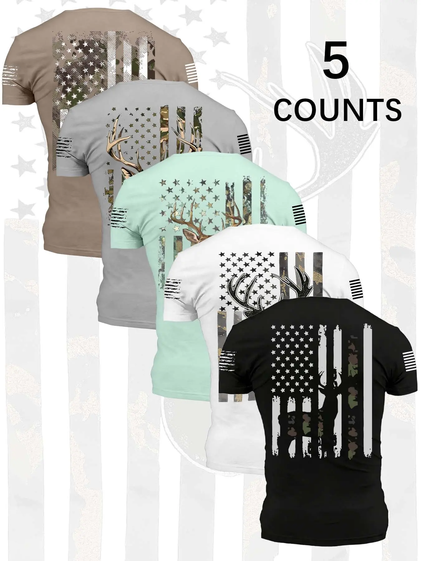 Men's Casual Round Neck Short Sleeve T-Shirt Set, Lightweight T Shirt, Vintage Deer American Flag Pattern, Breathable Street Style, Four Seasons Wear