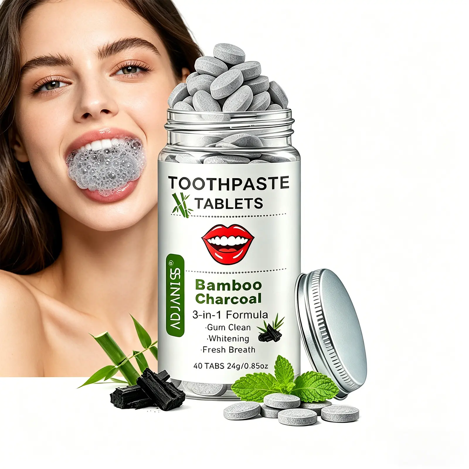Adjaniss Bamboo Charcoal Toothpaste Tablets, Portable Solid Chewable, Whitening, Fresh Breath, 40 Pieces, Contains Hydroxyapatite, Probiotics