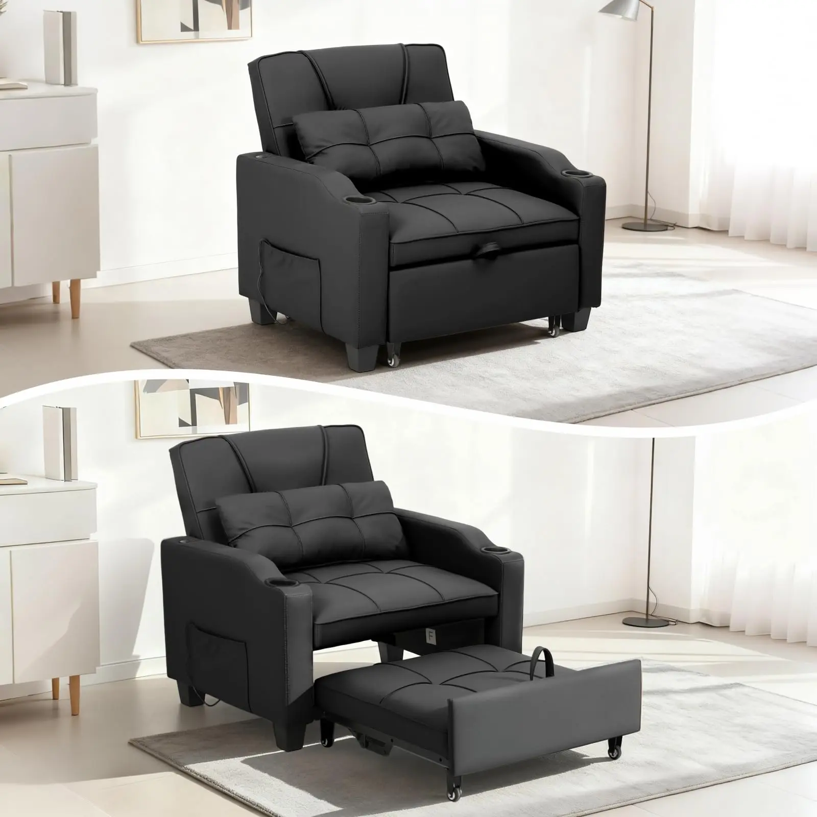 Garvee 4-in-1 Convertible Sleeper Sofa Chair Bed – Pull-Out Recliner, Adjustable Backrest, Vibration Massage Lumbar Pillow, USB/Type-C Ports, Cup Holders, Side Pocket, Compact PU Leather, Black or Vintage Brown