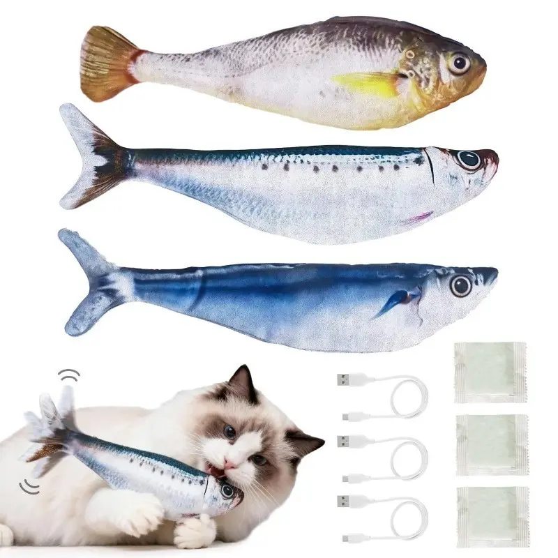 Rechargeable Moving Fish Cat Toy Set, Touch Sensing 3 Flapping Modes Realistic Sardine Croaker Play Toy with Catnip Inside, Interactive Self-play Toy for All Breed Indoor Cats, Summer Wins Daily Pet Gear