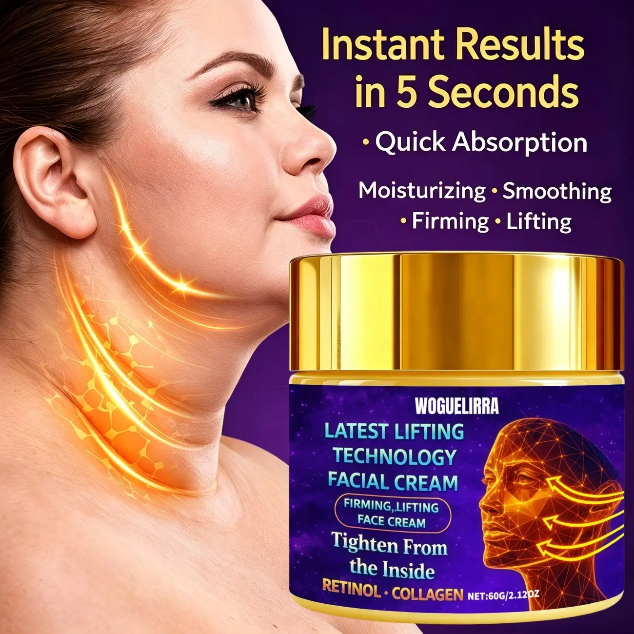 Instant Lift Facial Cream, Rich in Collagen, Retinol, Bee Venom, Reduces Fine Lines, Wrinkles, Tightens Skin, Beauty Cream, Neck Cream