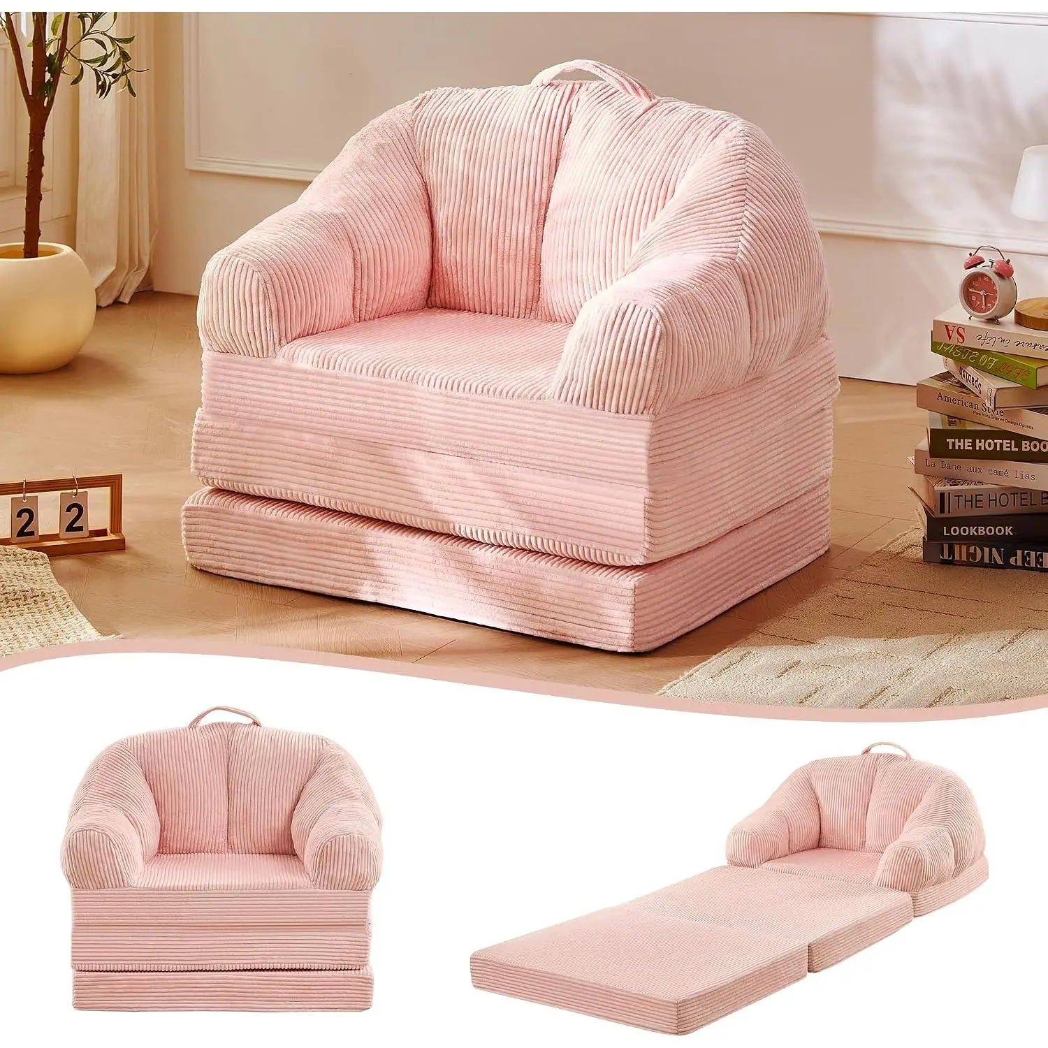 3-in-1 Convertible Boneless Loveseat Couch Bed - Plush Fabric, Sturdy Nylon Cloth, Dustproof Extendable Folding Adjustable Sofa with Handle, Alloy & High-Density Foam Futon Chaise Lounge Sleeper Chair for Adults, Pink Living Room Furniture, One Person Cou