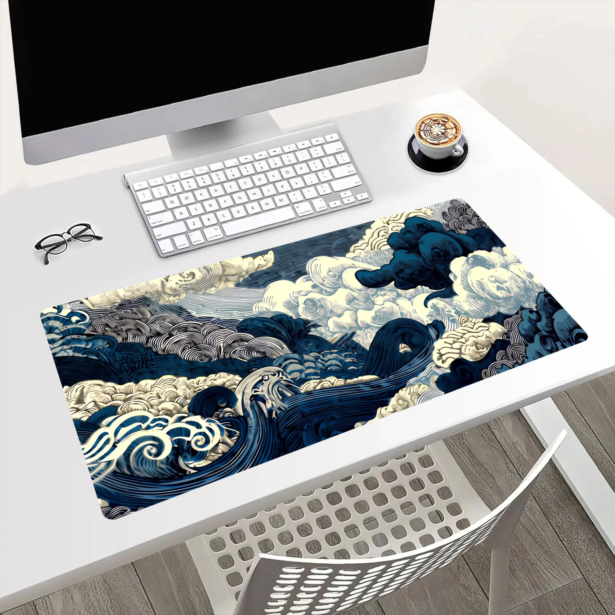 Gaming Style Large Mouse Pad - Ukiyo-E Blue and White Wave Cloud Print, Non-Slip Washable Rubber Base, Desk Mat for Gamers, Computer Accessory, Gaming Style Mouse Pads