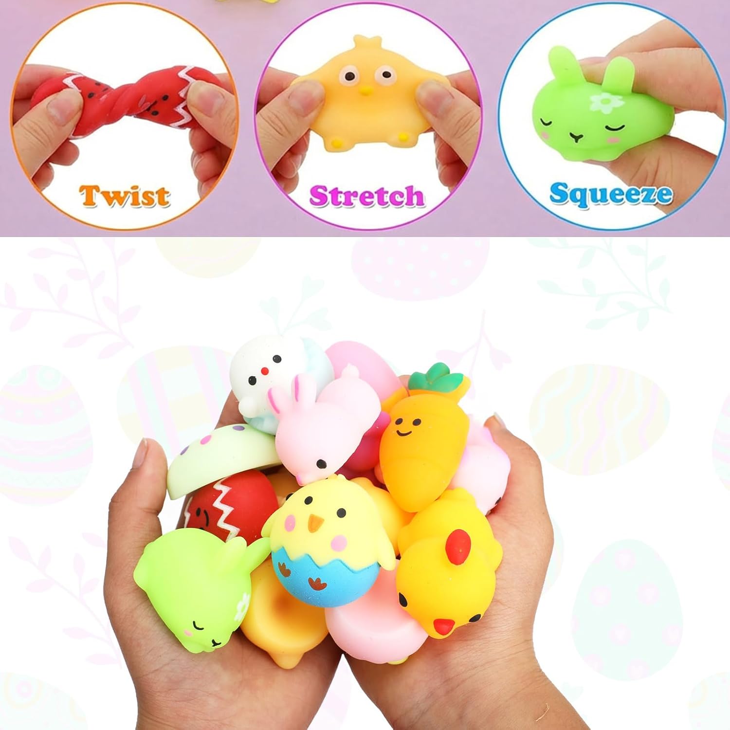 24 Pack Prefilled Easter Eggs with Squishy Toys,Bright Color Plastic Eggs for Kids Boys Girls,Easter Egg Hunt,Easter Basket Stuffers,Party Favors