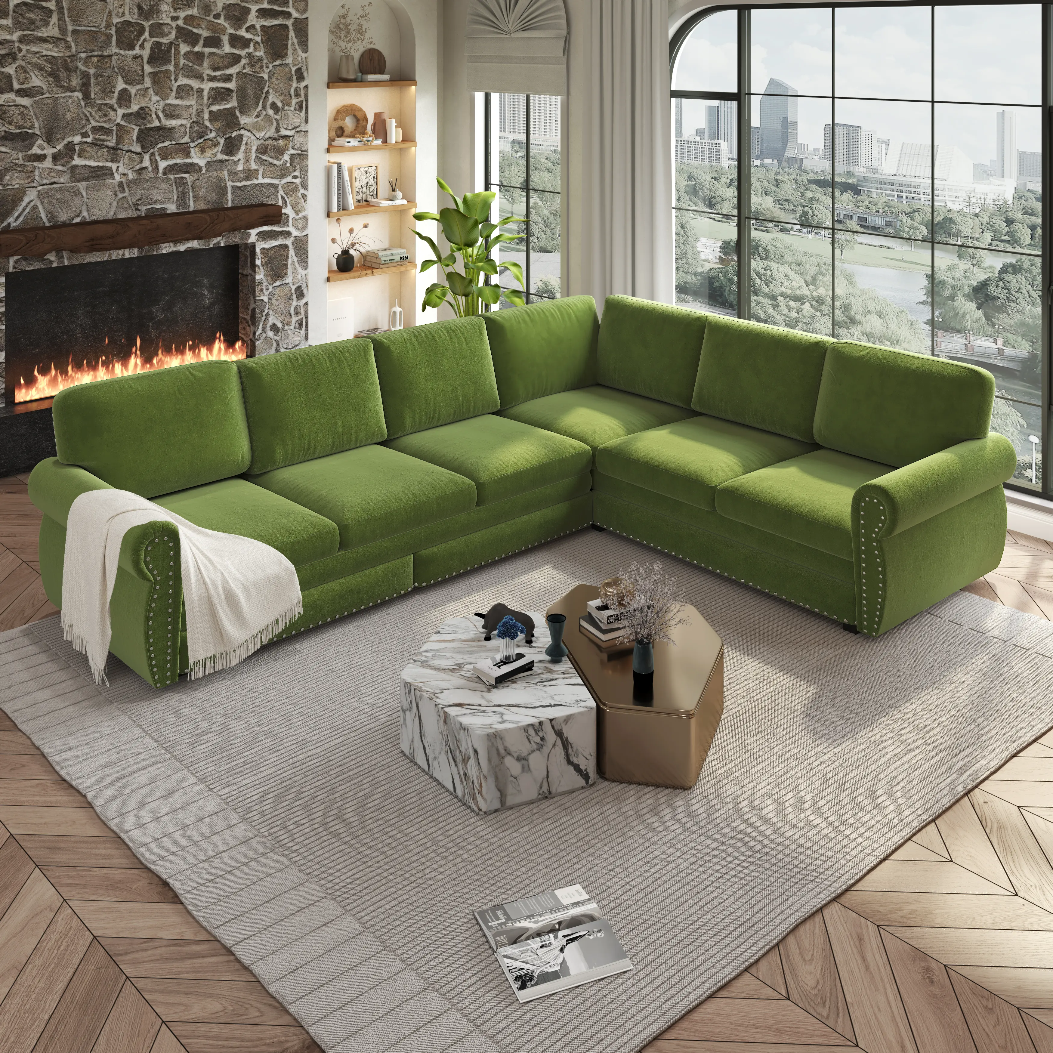 ARCH 118" L-Shaped Sofa Couch with Pull-Out Bed Oversize Convertible Sleeper Sofa Chenille Upholstered Sectional with Nailhead Trim Rolled Arm 6-Seat Green for Living Room Guest Bed Home Office, Green Color Options, Chenille Material