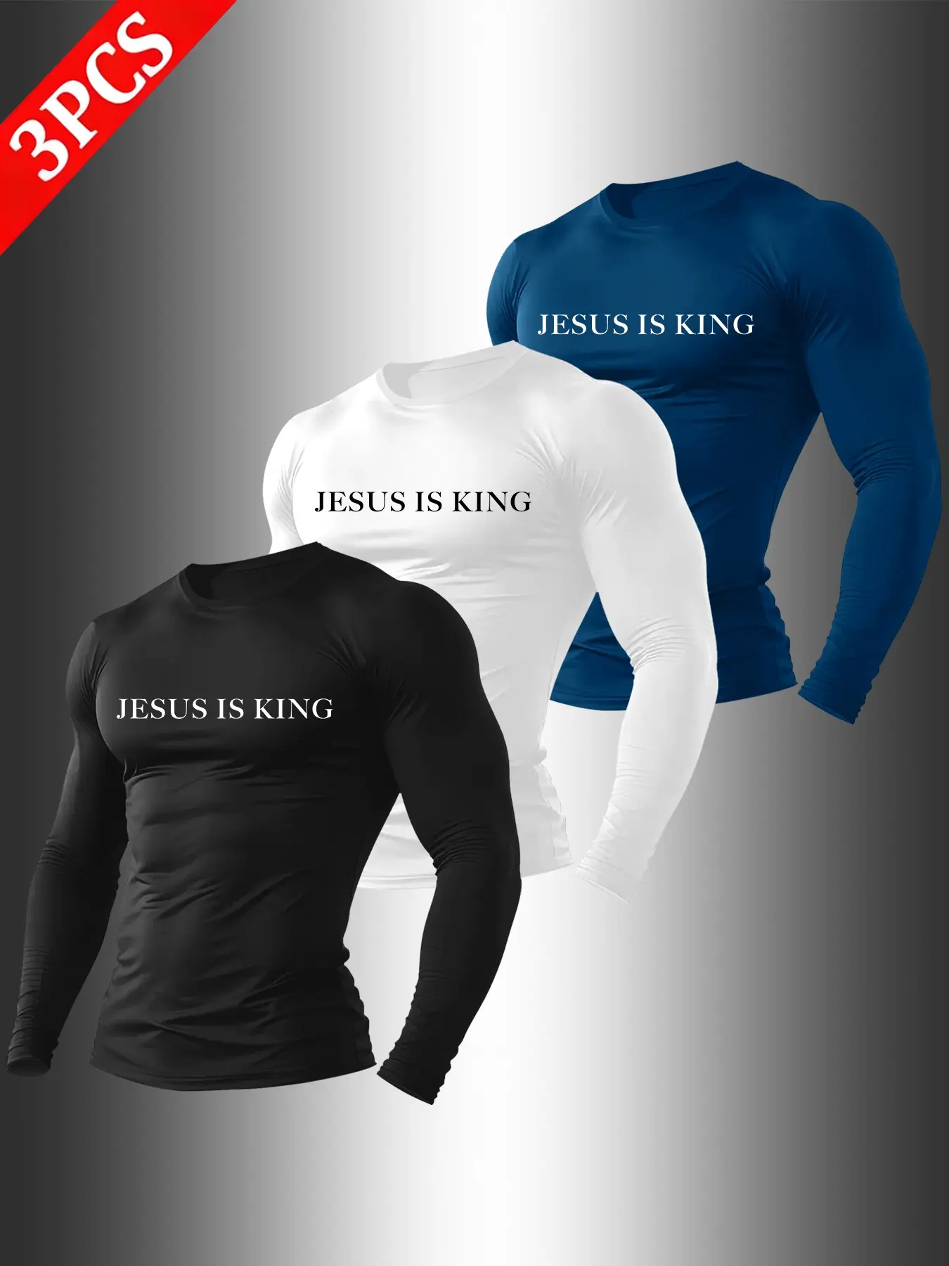 Men 3 Pcs Pack Crew Neck Long Sleeve Compression Gym T-Shirt Solid Black White Navy Minimal Thin Font Jesus Is King Text Print On Chest Quick Dry Muscle Fit Athletic Base Layer For Weightlifting Jogging Daily Layering Street Wear 2026 Trendy #3packcompres