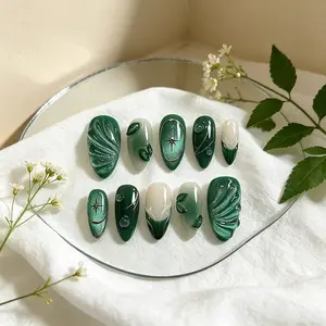 Enchanted Forest Press On Nails, Handmade Emerald Green Gradient Nails with 3D Leaf & Sparkle Star Accents, Glossy Almond False Nails