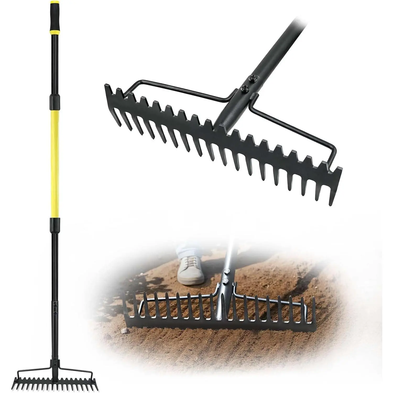 Bow Rake Heavy Duty, Long Handle Metal Rakes for Gravel, Rocks, Lawns Leaves, Soil Leveling, Landscaping, Garden Rake with 18 Steel Tines (59 Inches)