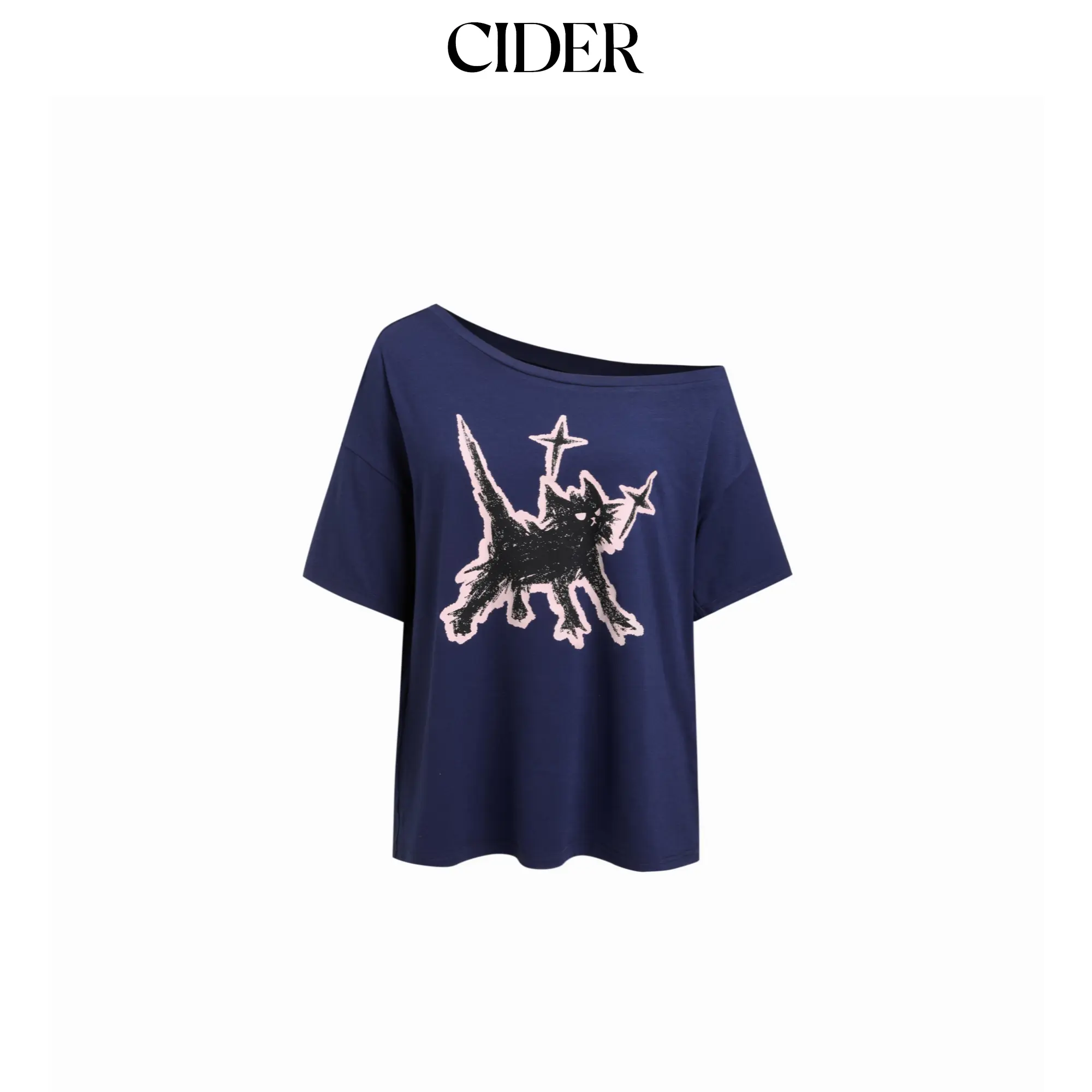 Cider Cat Graphic Asymmetrical Neck Short Sleeve Tee