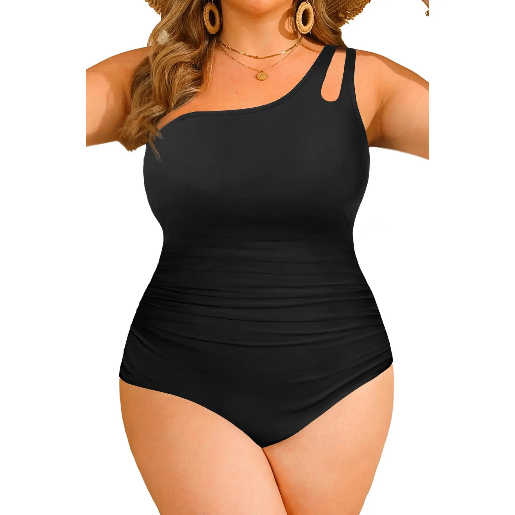 Aqua Eve Plus Size One Piece Swimsuit One Shoulder Bathing Suit Tummy Control Keyhole Swimwear, Adjustable Straps Swimsuit, One Shoulder Swimsuits