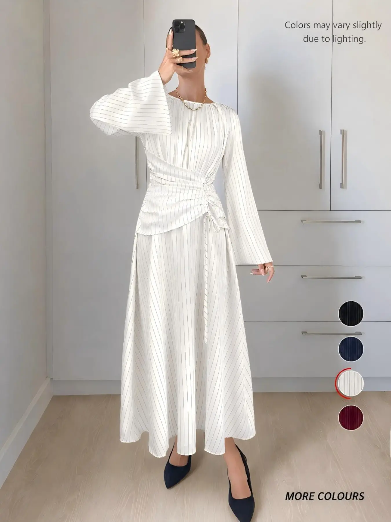 Women's Long Dress, Round Neck, Pleated Waist, Flared Sleeves, Striped, Office Commute, Daily Wear, Multiple Colors Available