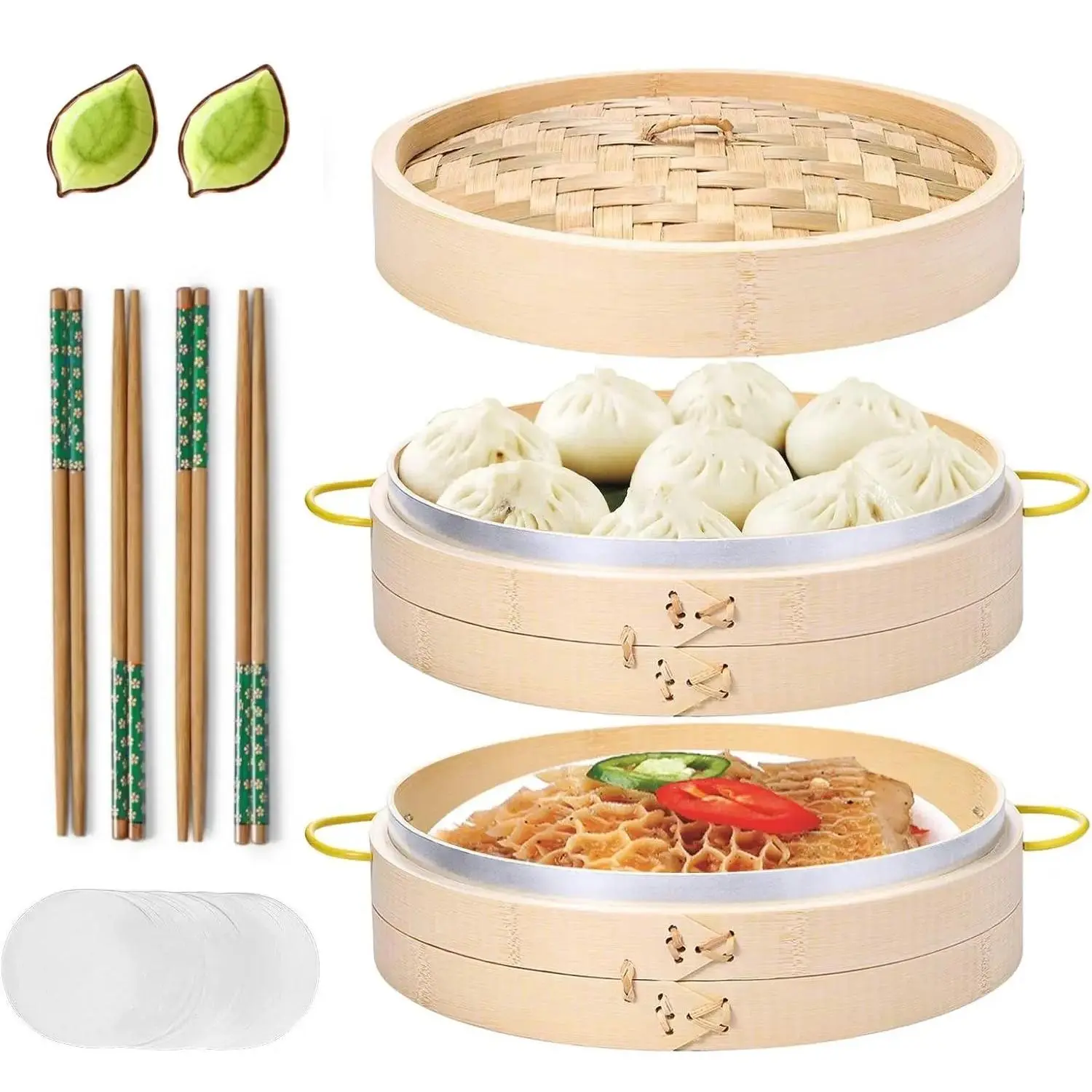 Steamer Basket Set 10 inch Steamer for Cooking, with Side Handles Chopsticks Ceramic Sauce Dishes Paper Liners, for Dim Sum Dumplings Buns Seafoods Rice Foods