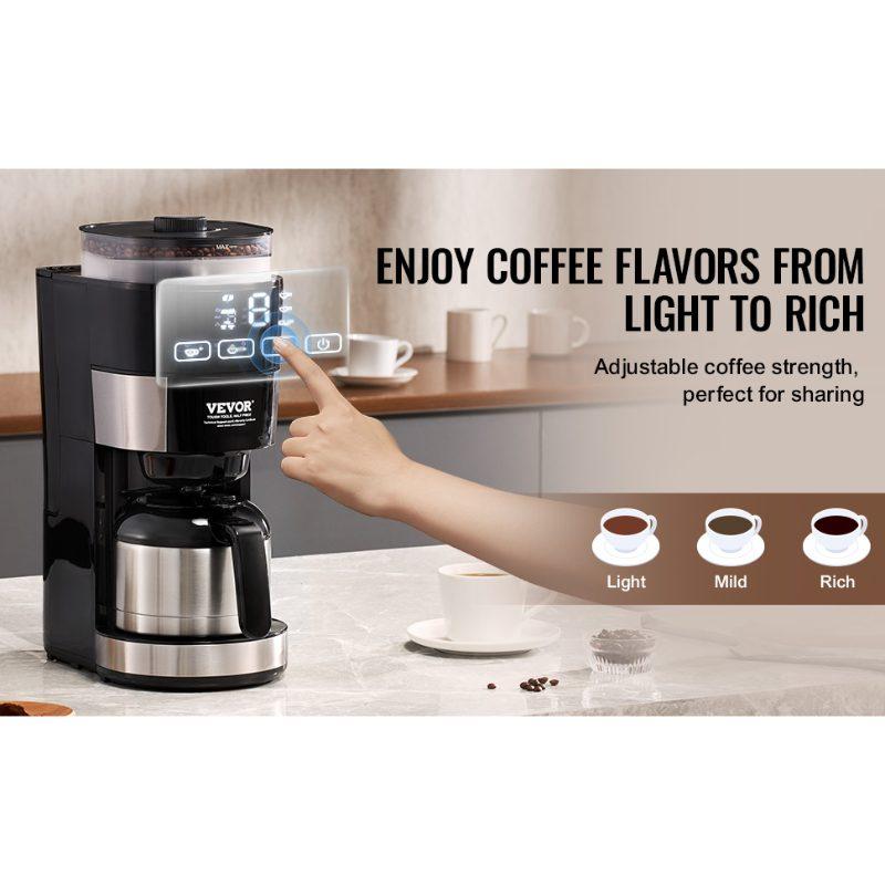 fathersdaygift VEVOR Coffee Maker with Grinder, 8 Cup Programmable Coffee Machine, Grind and Brew Coffee Maker with 24-Hour Timer for Auto Brew, Reusable Filter, for Home Office Restaurant
