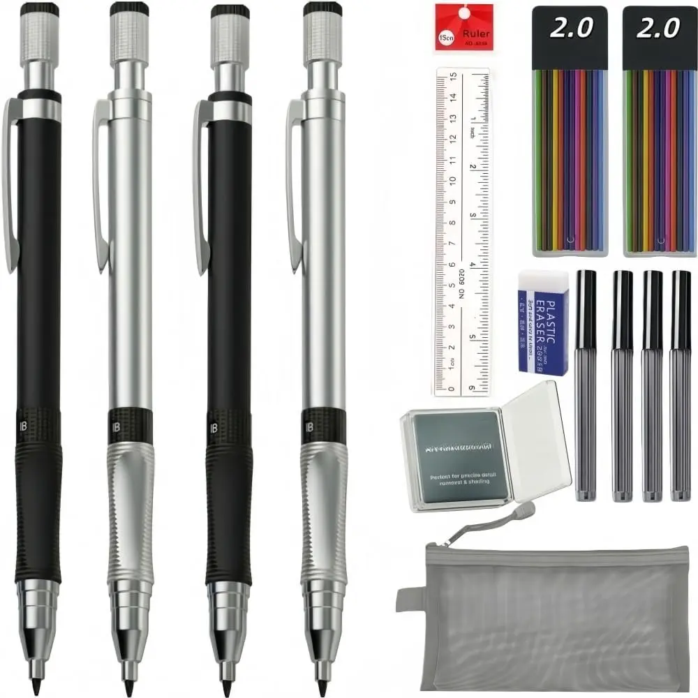 2.0mm Mechanical Pencil Set: 4 Pencils with Case HB Lead Drawing Sketch | Includes 4 pencils, HB and colored lead refills, erasers, ruler and case for drawing, sketching, drafting and school use.