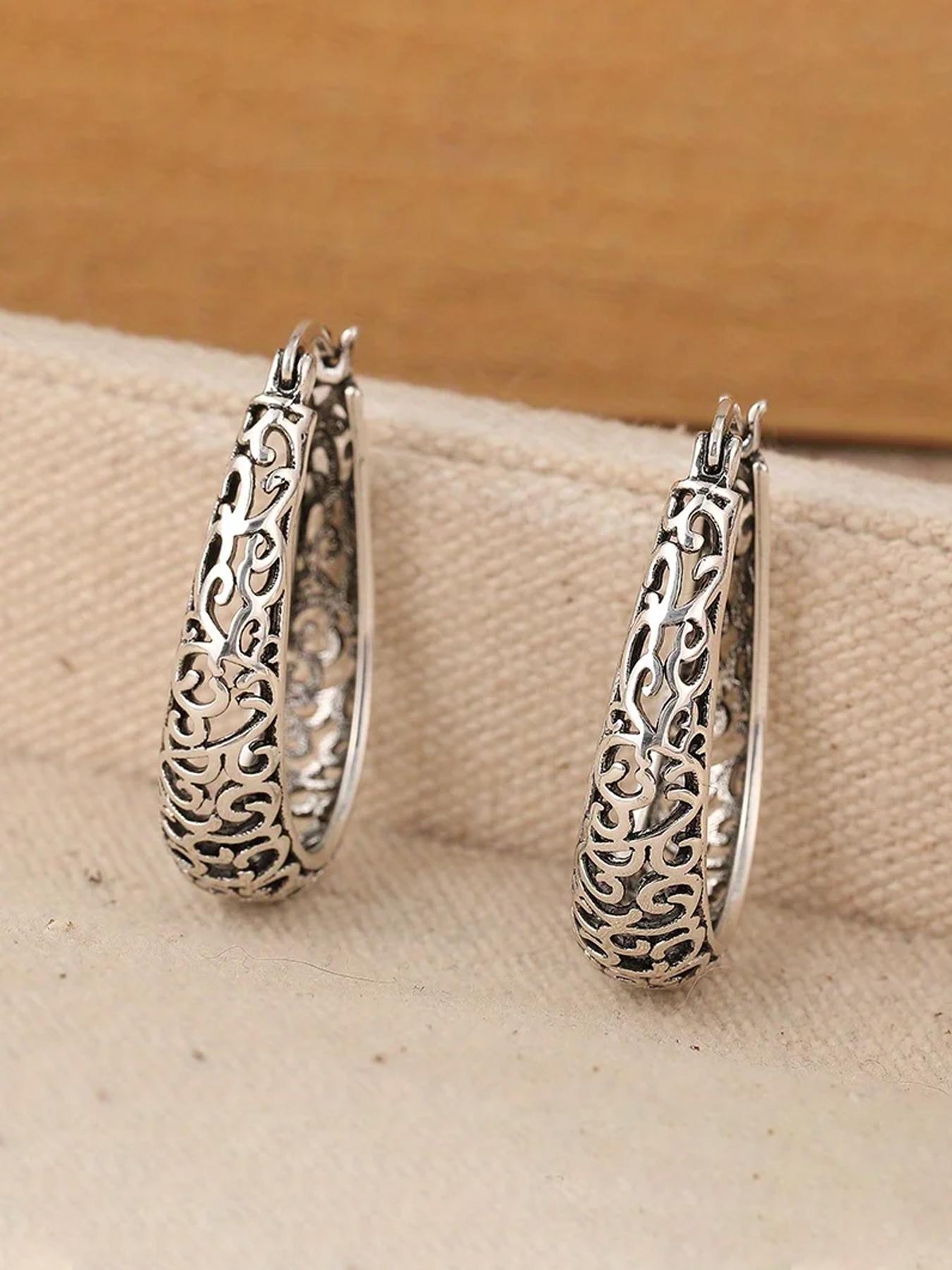 Vintage Hollow Out Design Hoop Earrings, Statement Earrings, Fashion Jewelry for Party, Daily Clothing Decor, Trendy All-match & Exquisite Jewelry for Birthday Gift, Fashionable Hoop Earrings