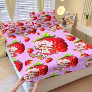3PCS Light Purple Base Big Strawberry Cartoon Girl Fitted Sheet Set (1 Fitted Sheet + 2 Pillowcases),Soft Breathable Fabric,Deep Pocket Anti-Slip Design,HD Digital Printing,Kawaii Sweet All Season Bedding,Pink Girly Bedroom Vibes