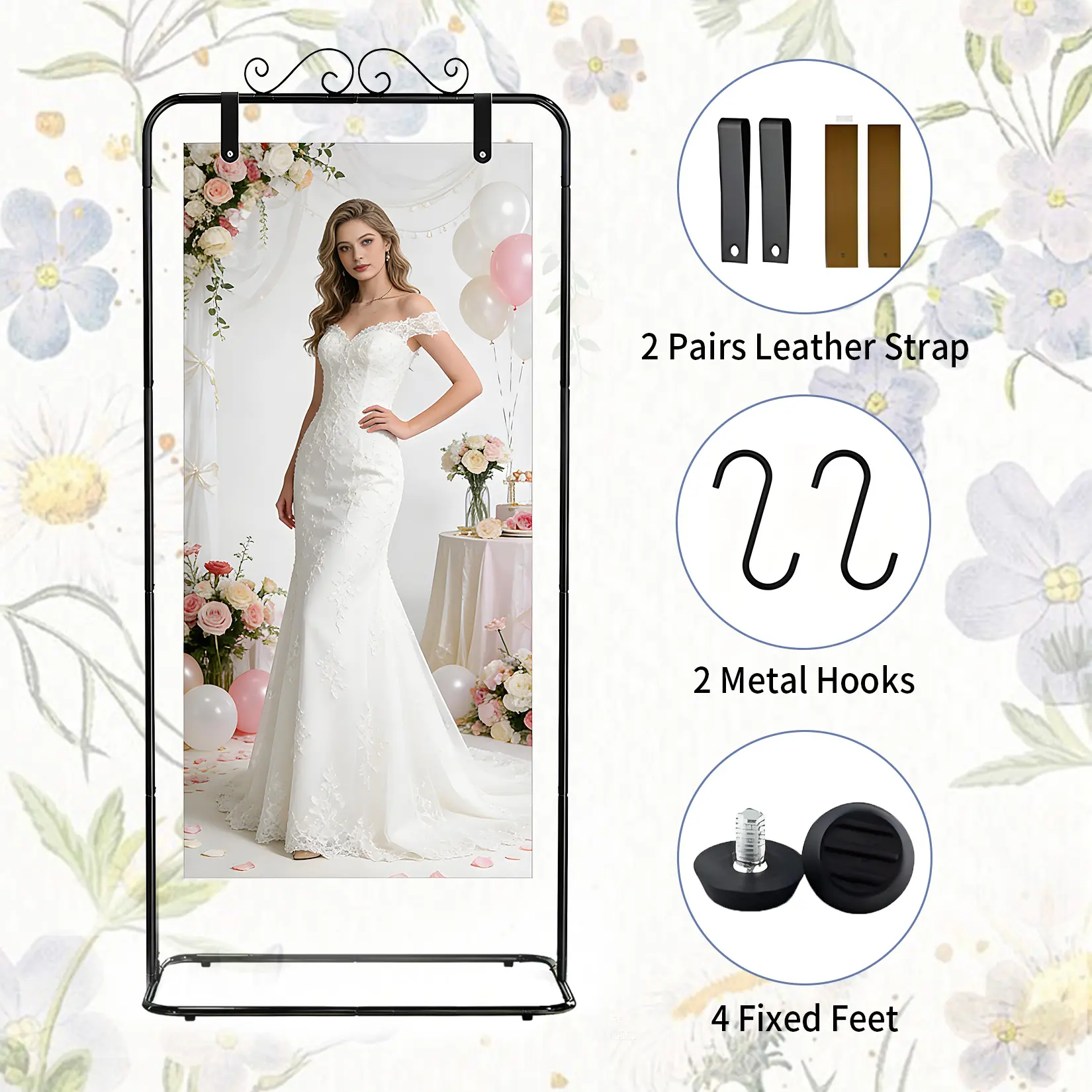 Adjustable Height Welcome Sign Stand 54"/69", Heavy Duty Coated Metal Poster Holder with Black & Dark Brown Faux Leather Straps, Wedding Welcome Board Display Easel for Party Event Decor