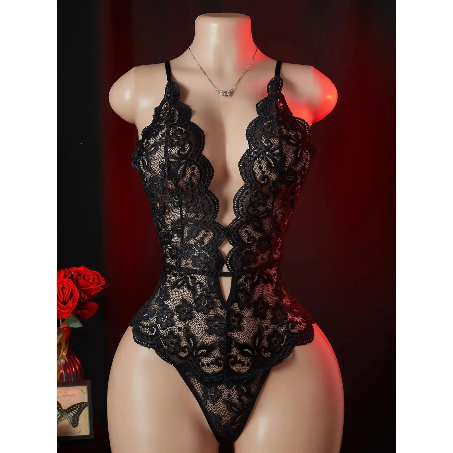 Women's Sexy Stretchy Lingerie Color-blocking Lace Cross-Strap Bodysuit, Erotic Bodysuit, Comfortable Breathable with Scallop & Bow Details for Daily Wear, Deep V Backless Tied-Front Bodysuit, Perfect for Intimate Moments & Special Occasions