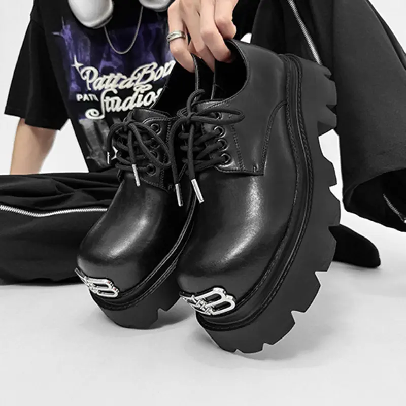 Mens Chunky  Shoes Fashion Metal Hardware Dress Shoes Platform Sole Lace Up Oxfords Daily Commuter Footwear Casual Streetwear Style Versatile Trendy Walking Shoes Lightweight Office Work Wear Elegant Leisure Durable Anti Slip Lug Sole