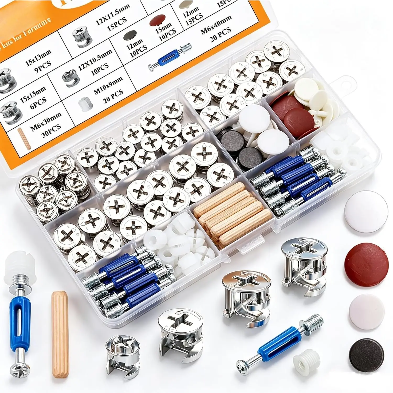 170 count Cam Locks for Furniture,3-in-1 Eccentric Hardware Wheels,Furniture Fasteners & Connectors with Multi-Size Nuts, and  Dowel Pins- Kit for Furniture Assembly/Repair