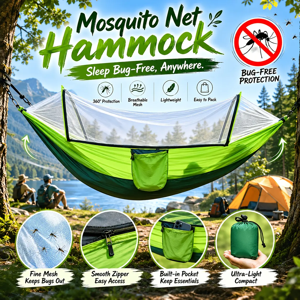 Extra Large Hammock with Mosquito Net. Specially Designed for Hiking Camping, The Set Includes Fixed Straps and A Portable Storage Bag, Made of High-strength Lightweight Fabric. Large Size Durable Hammock