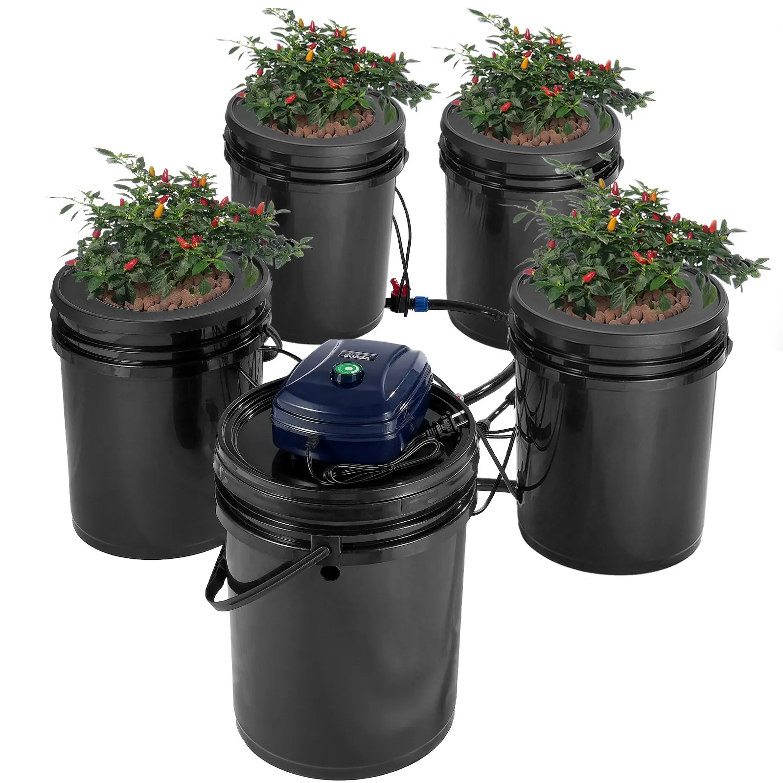 VEVOR RDWC Hydroponics Grow System Kit - Top Drip Recirculating Deep Water Culture with 4 Buckles, 1 Reservoir, Air Pump, Water Level Device for Leafy Vegetables