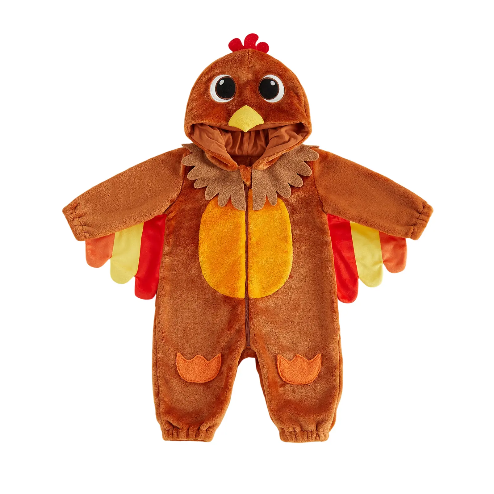 REDWOON Infant Toddler Baby Boy Girl Turkey Costume Hooded Onesie Soft Plush Thanksgiving Cosplay Outfit with Wing Decor For Holiday Party