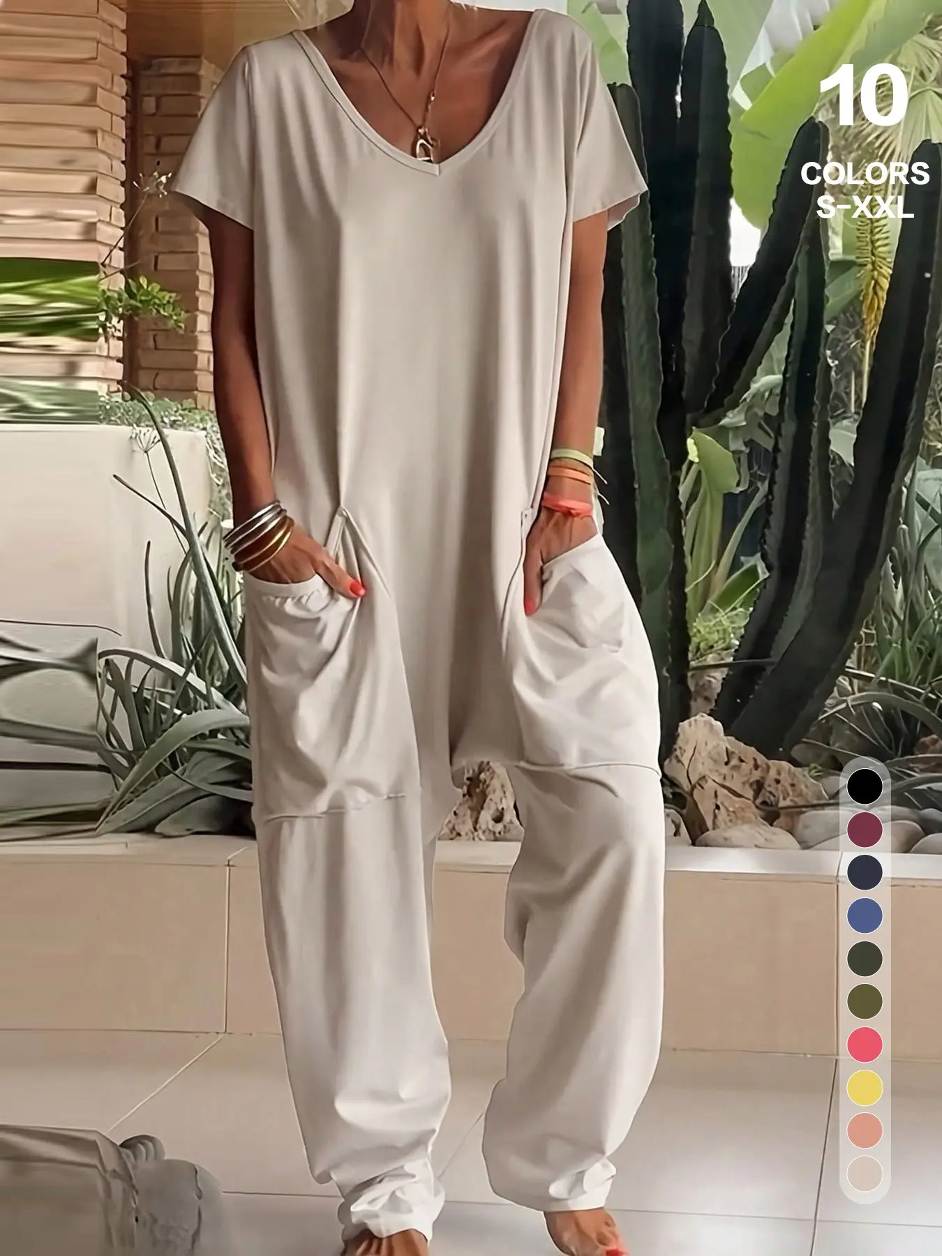 Women's Solid Color V-Neck Oversized Baggy Loose Pocket Low Waist Jumpsuit, Minimalist Casual Home Wear, Comfortable One-Piece Pants, Perfect for Daily Use