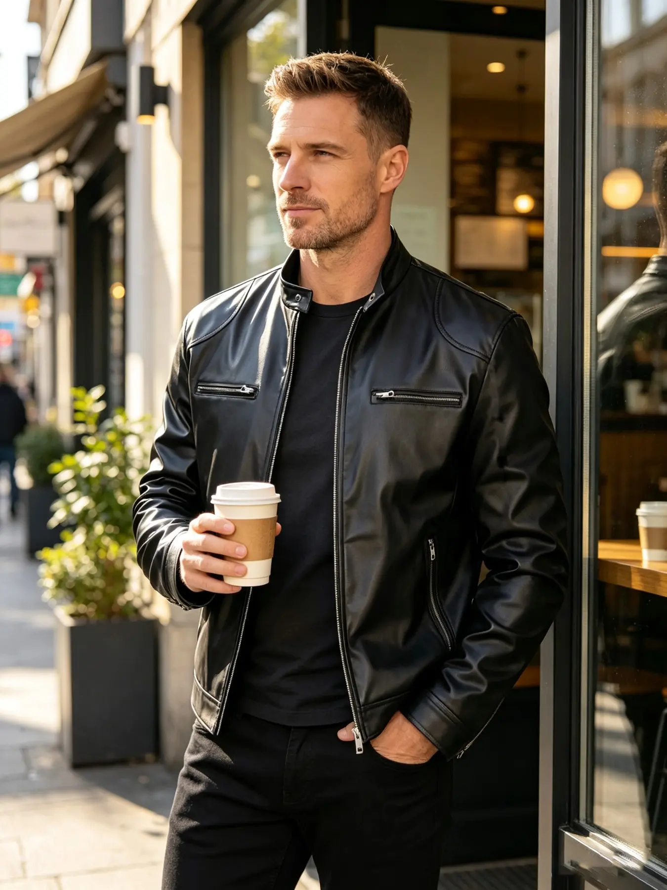 Men's Stand Collar Biker Motorcycle Classic Style PU Leather Jacket, Fall Winter Slim Fit Windproof Multi-Pocket Casual Leather Coat, Stylish Outerwear for Men