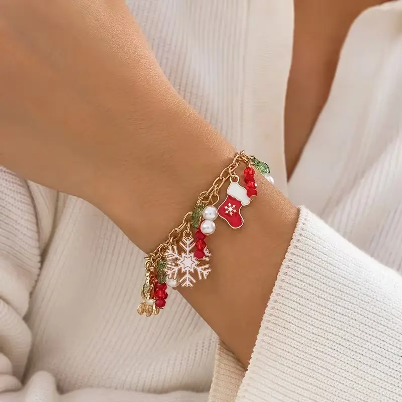 Women's Cute Christmas Charm Bracelet with Tree, Candy Cane, Bell, and Wreath Pendants, Colorful Cartoon Jewelry for Daily Wear and Festive Parties