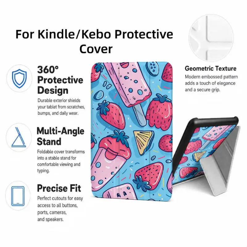 For Kindle/Kobo/Tolino Case, with stand Strawberry Popsicle Pattern Print for New Kindle 11Th 2019, for Kindle 11th Generation Case for Kindle 11Th (2022/2024), 6-Inch, 7-Inch Kindle Paperwhite 12Th Generation 2024 Vision Color (2024) /Vision 6 (2021）/Shi