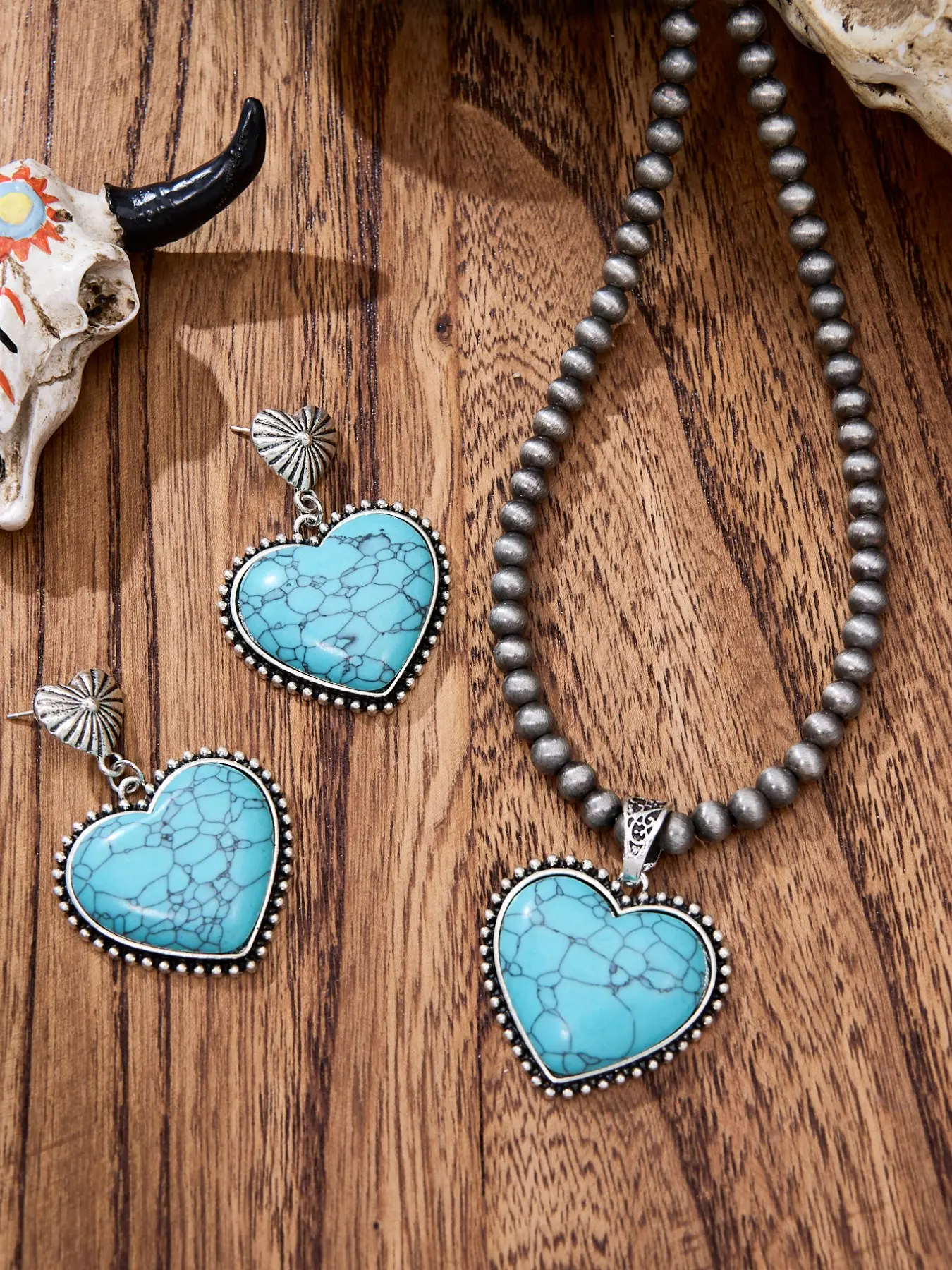 3-Piece Vintage Western Boho Necklace Set, Bead Necklaces, Turquoise Heart Beaded Jewelry, Ethnic Style Fashionable Jewelry Accessories, Gift for Friends