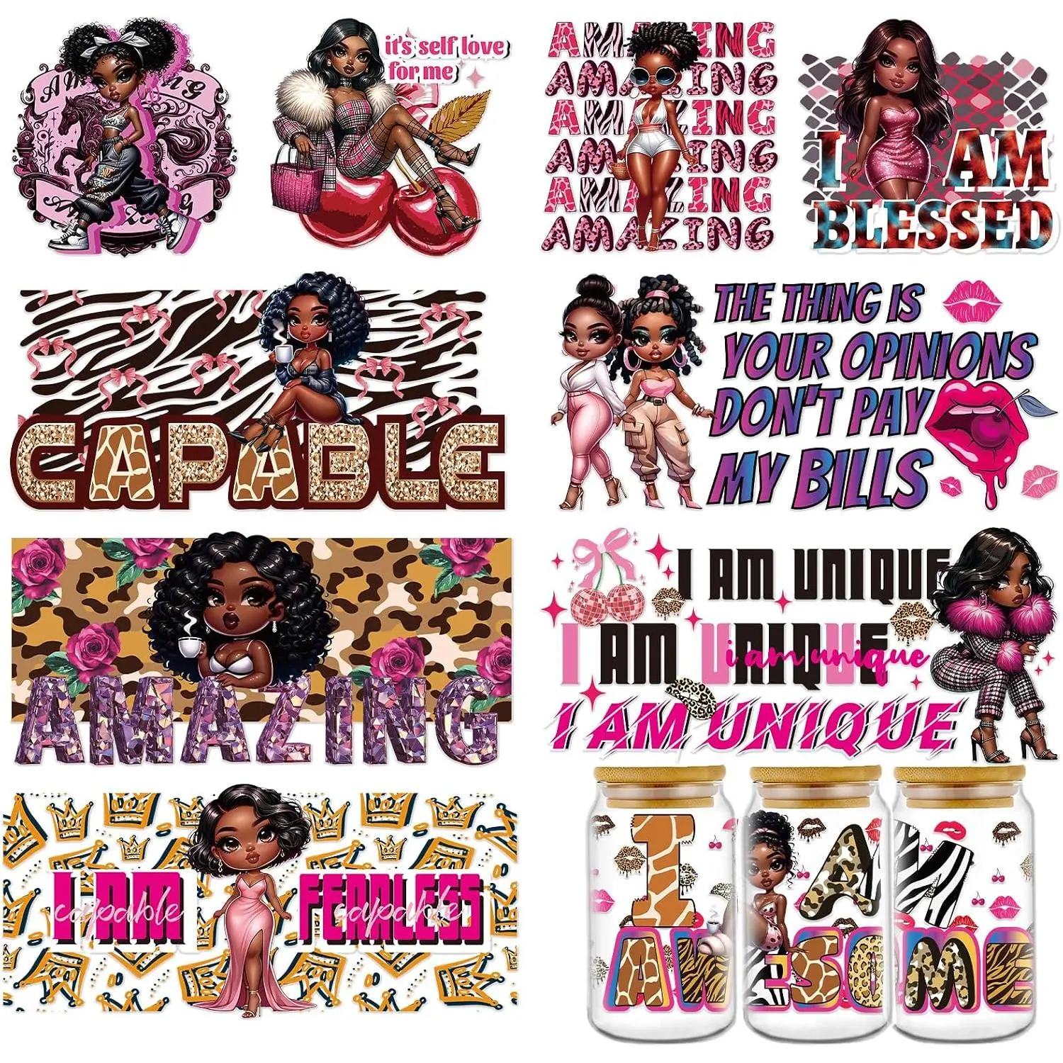 Black Women UV DTF Wraps - 8 Sheets   Women UVDTF  for 16 oz Glass Cups, Inspirational Transfer Stickers,  Rub  Transfer for Water Bottle, DIY Crafts