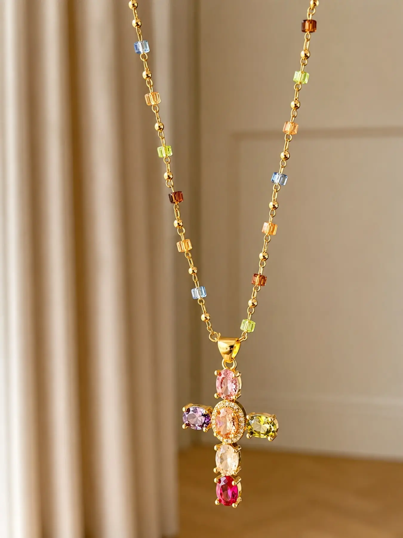 1pc Vintage Rainbow Crystal Cross Pendant Necklace, Unique, Colorful Cubic Zirconia Beaded Chain, Elegant Religious Charm Necklace for Women, Trendy Layered Statement Jewelry for Daily Wear, Church Events, Party, Anniversary & Gift