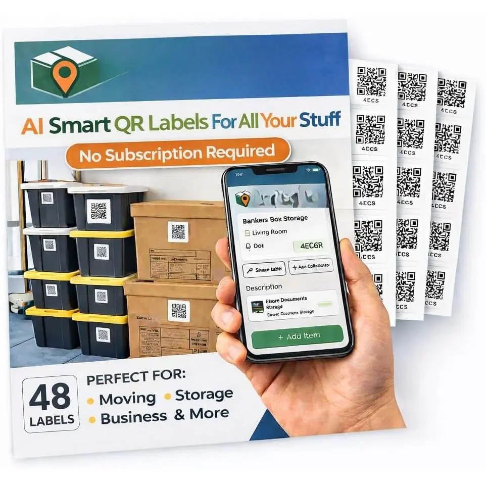 AI PackNFind 2x2  Labels QR Code Stickers - 48 White Stickers for Storage Bins, Moving Containers & Office Organization, Inventory OrganizerFree App +1000 AI Scans, Durable  Box Labels