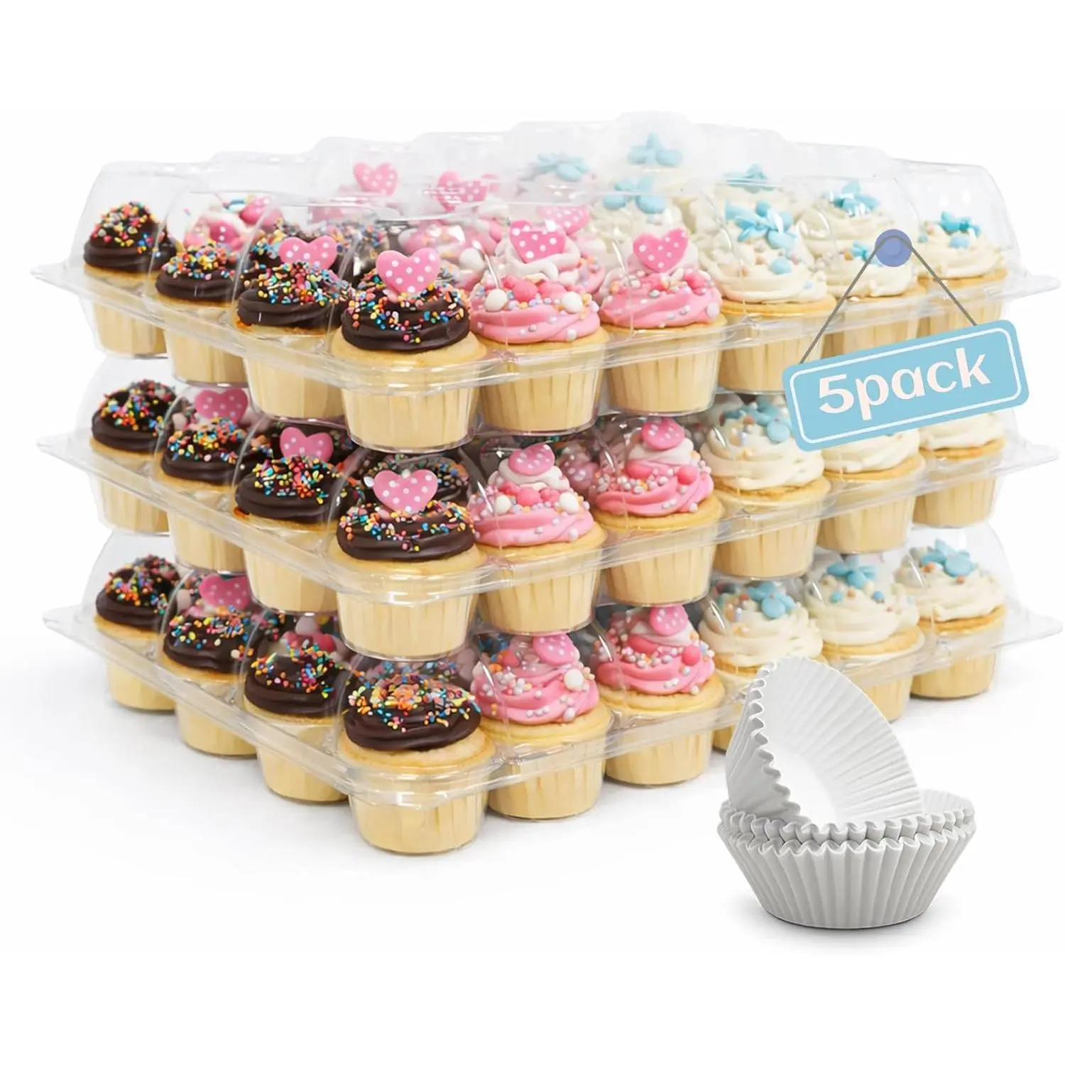 Plastic Cupcake Containers with Liners, 24 Count x 5 Sets | Clear Cupcake Holder with , Disposable Cupcake Carrier for Bakery, Storage Box for Parties, Bake  Packaging