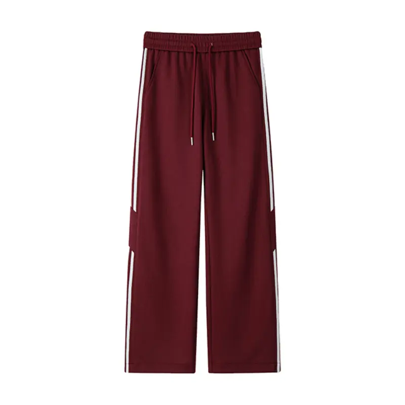 Men's Wine Red Striped Straight Sweatpants, Menswear with Classic White Side Stripes, Elastic Waistband with Metal-Tipped Drawstrings, Side Pockets, Soft Thick Knit Fabric, Retro Loose Casual Streetwear Trousers for Daily Leisure & Streetwear Outfits #S,,