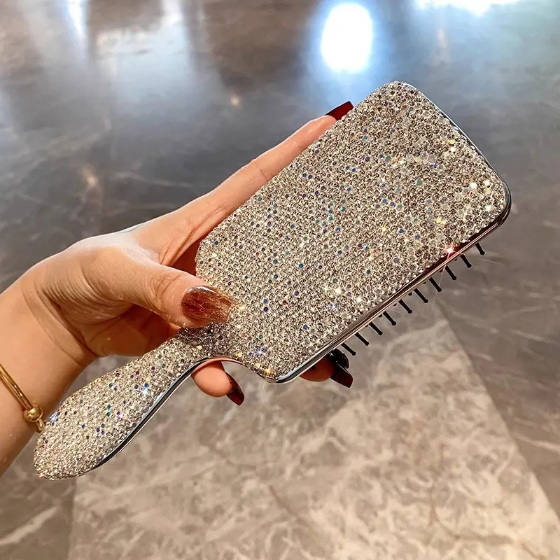 High-End 1pc Long Handle Cushion Comb, Sparkling Artificial Diamonds, Home Use Smooth Hair Comb, Creative Anti-Tangle Hair Massager Comb, Comb Design