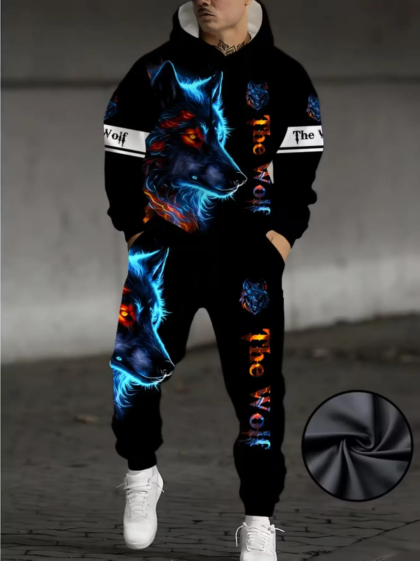 Men's 3D Wolf Head Print Sport Set, Hooded Sweatshirt and Long Pants, Casual Loose Fit, All Seasons, Comfortable Running Fitness Wear